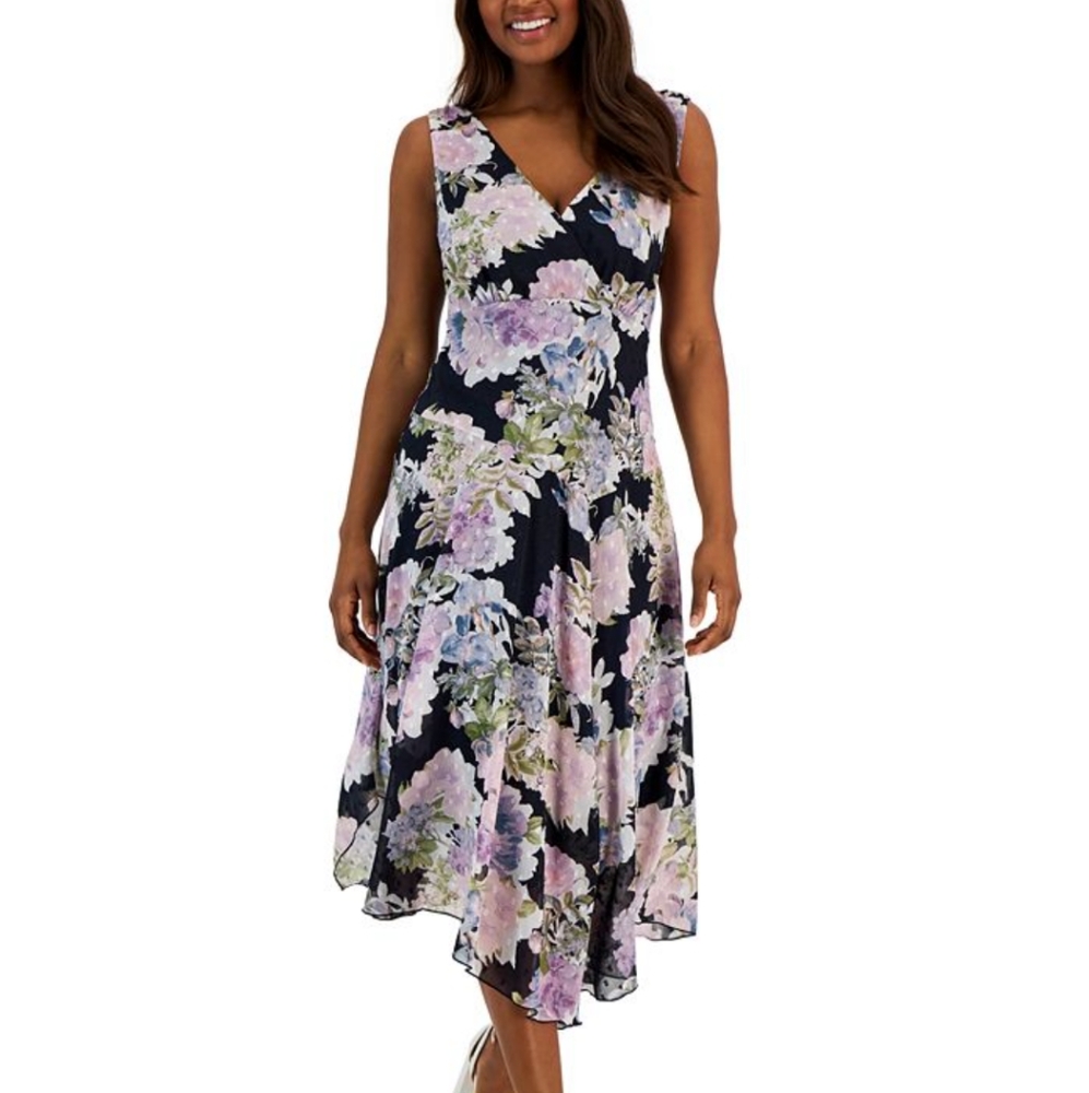 Connected Apparel floral light purple dress with asymmetric hem.  Pretty flowy d